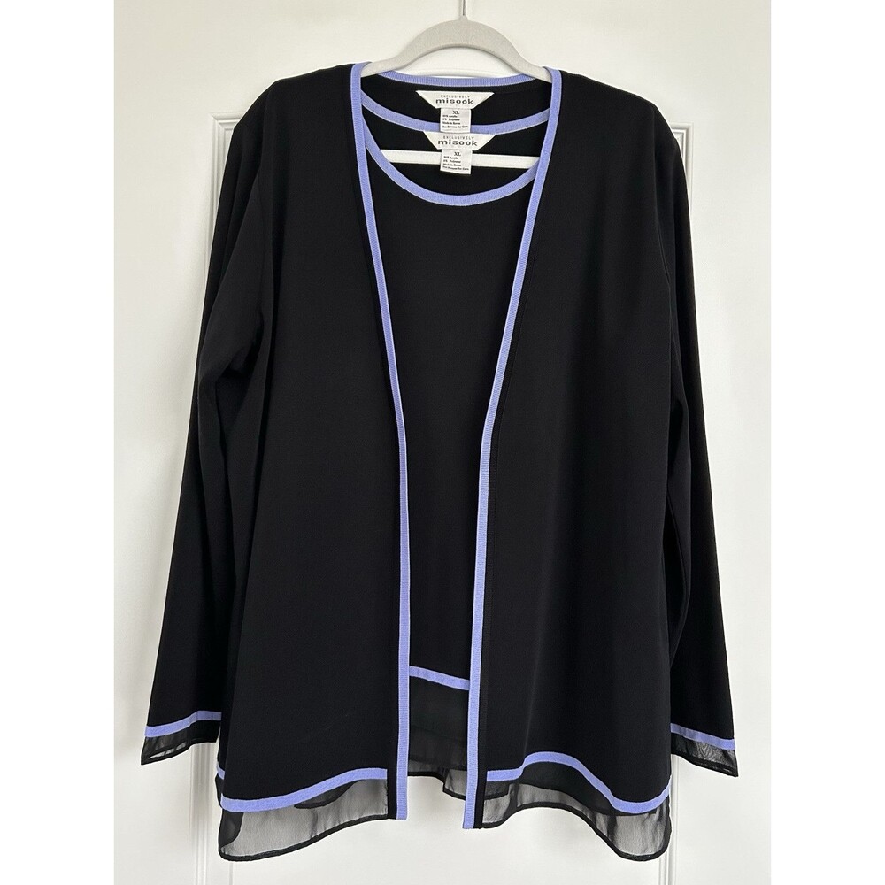 Misook Black Open Front Cardigan with Lavender Trim